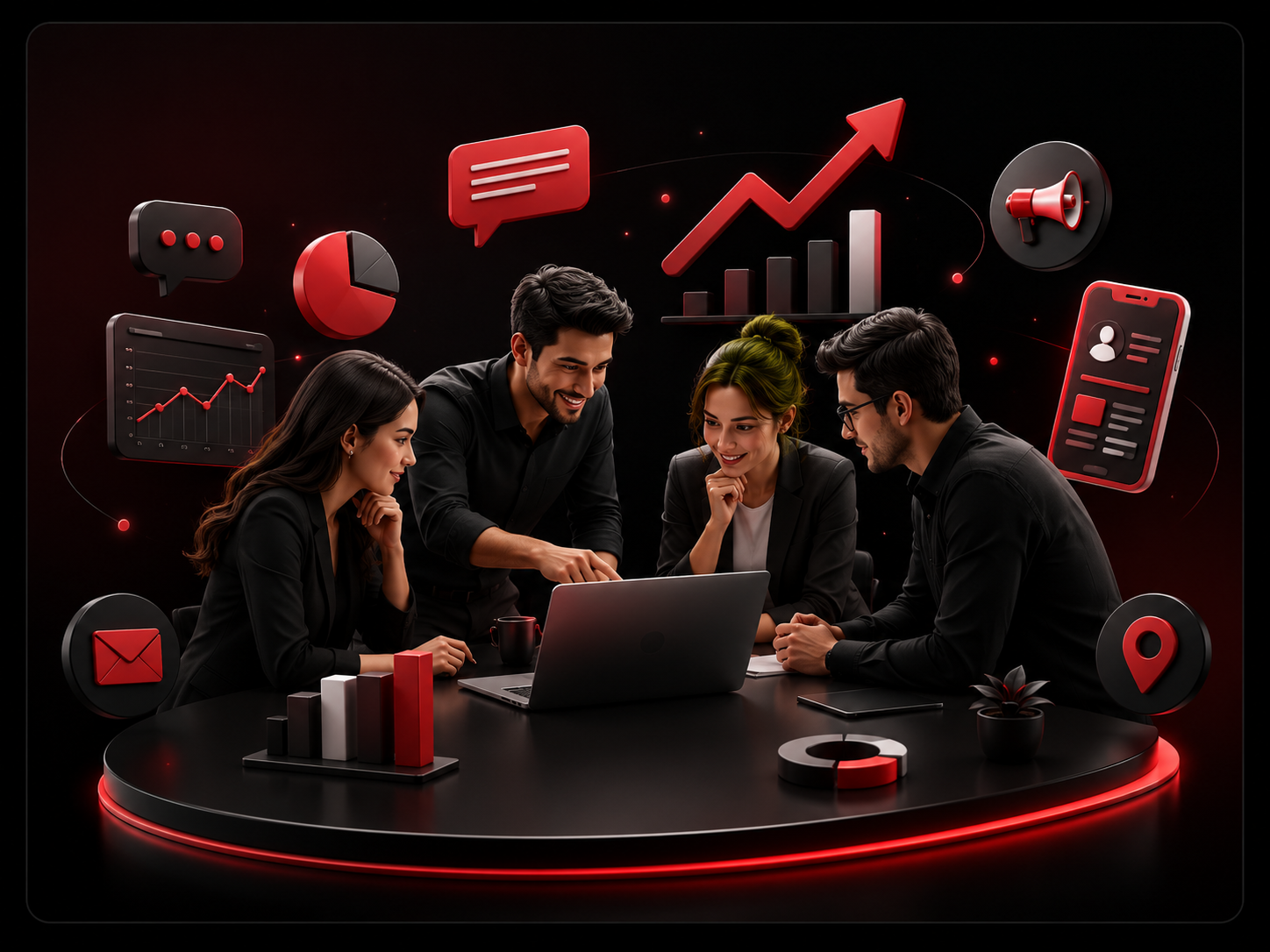 Team collaborating around a laptop in a modern office