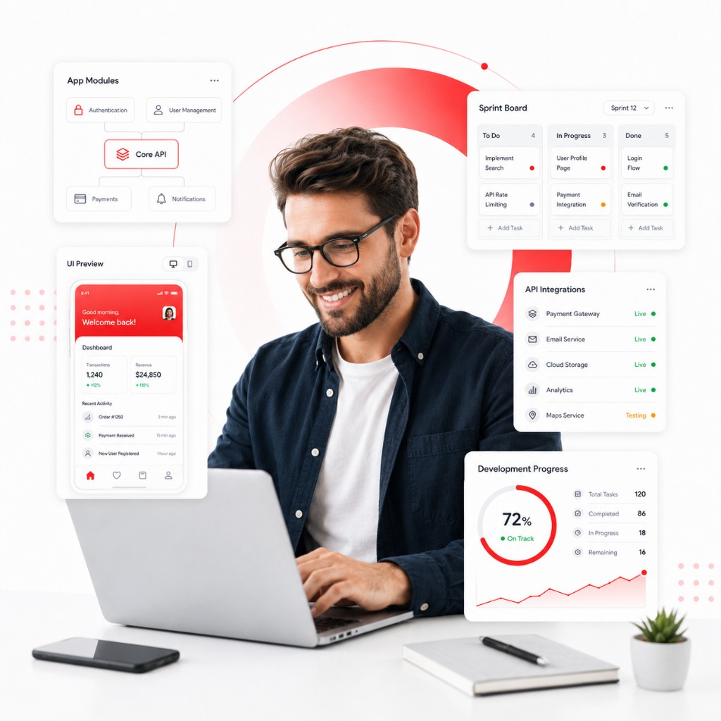 Application development with app modules, UI preview, sprint board, and API integrations