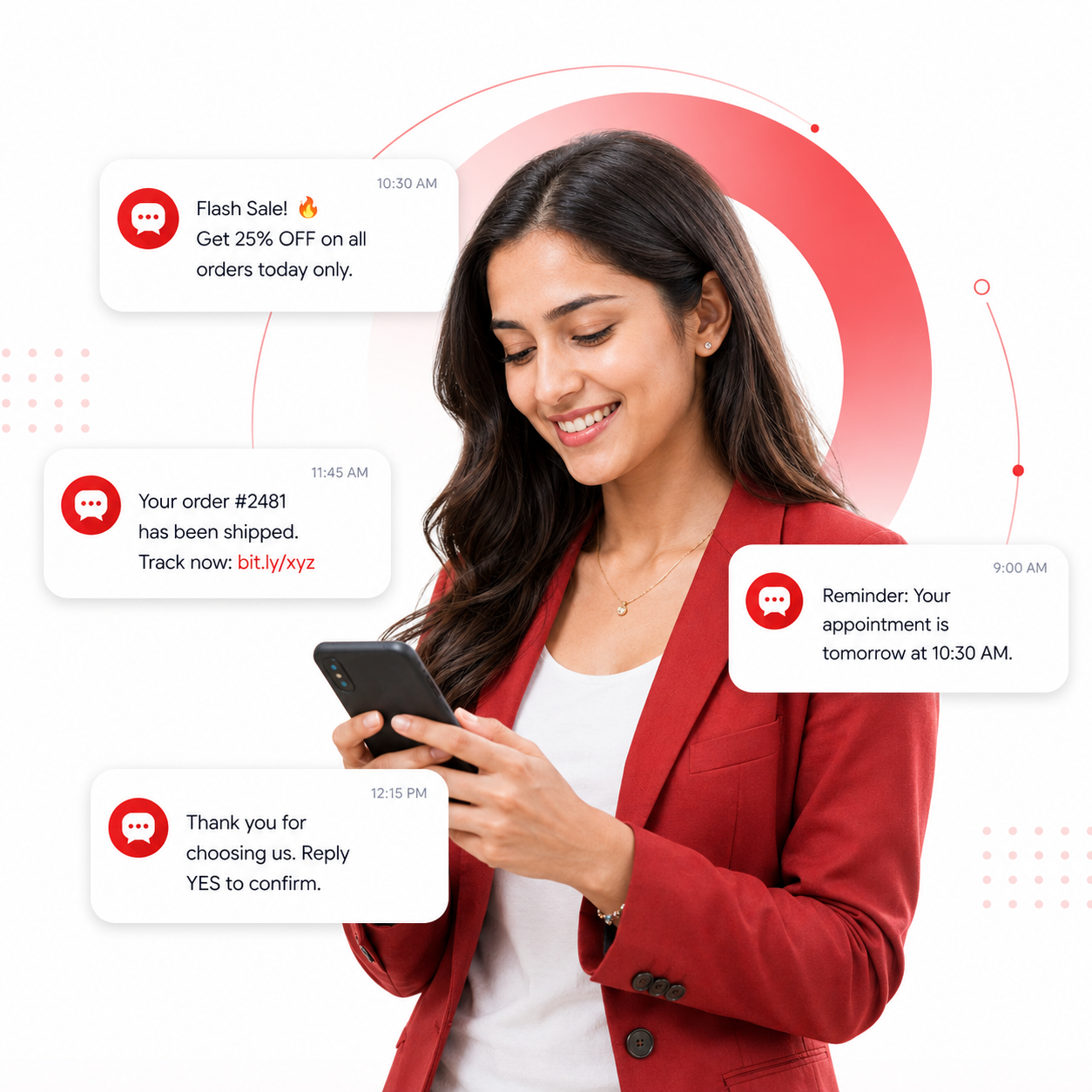Bulk SMS alerts preview on a mobile phone