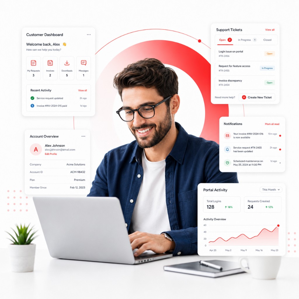 Customer portal with dashboard, support tickets, account overview, and activity analytics