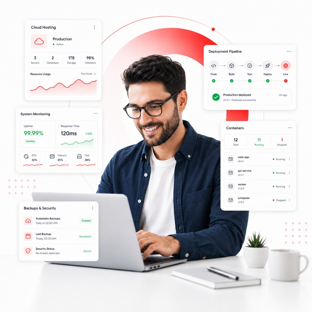 DevOps and hosting with cloud infrastructure, deployment pipeline, monitoring, and backups