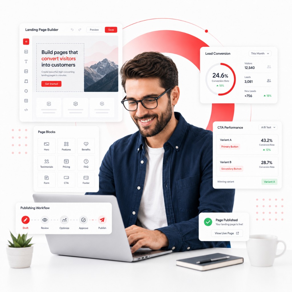 Landing page builder with conversion analytics, A/B testing, and publishing workflow